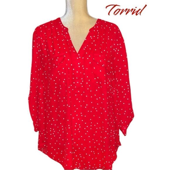 Torrid new pretty red blouse with tiny white polka dot design! - Picture 2 of 9